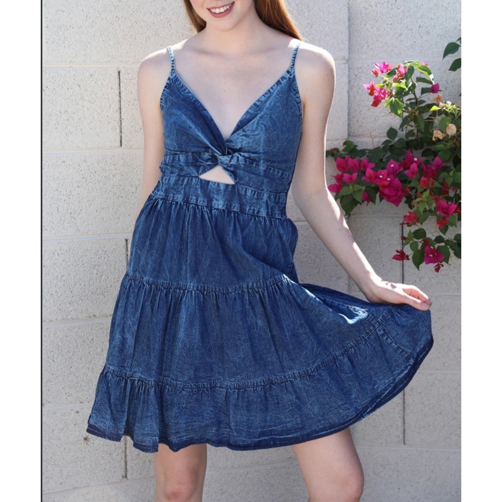 Angie Women Dark Acid Wash‎ Tiered Denim Look Sun Dress Cutout Smocked Back NEW